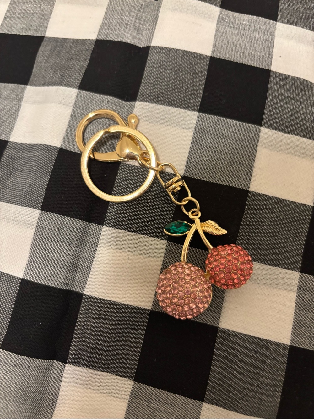 Gold Cherry Crystal Keychain - Pink & Green Accents